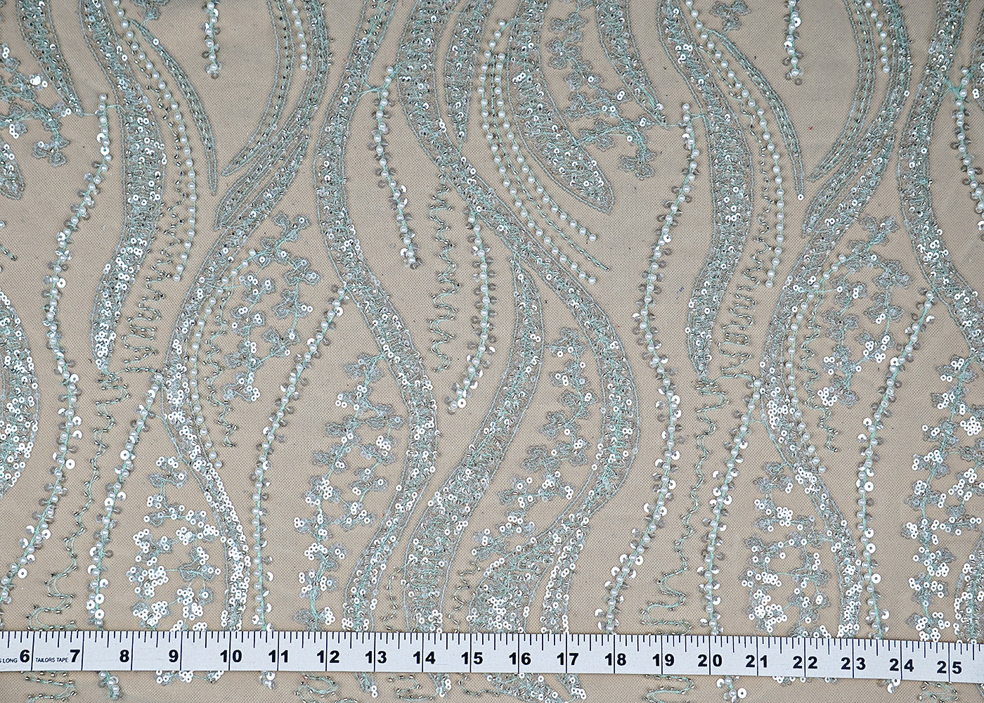 (Pre-Cut 2.5 MTR) Sea Green Imported Net Fabric With All Over Sequins And Bead Work 18408
