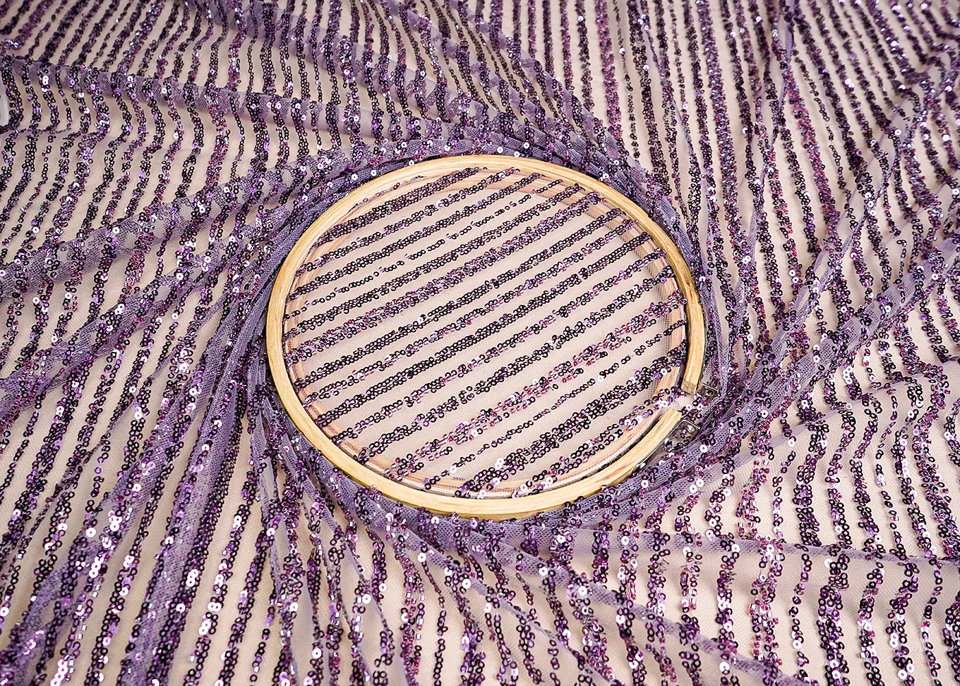 (Pre-Cut 2.6 MTR) Onion Imported Net Fabric With All Over Sequins And Bead Work 18411