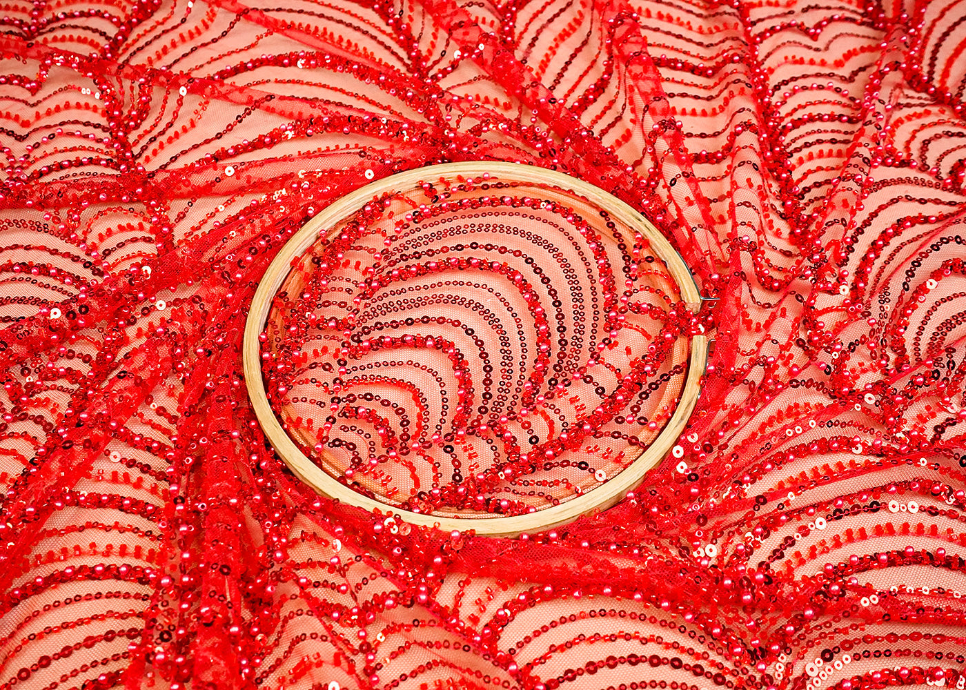 (Pre-Cut 2.8 MTR) Red Imported Net Fabric With All Over Sequins And Bead Work 18423