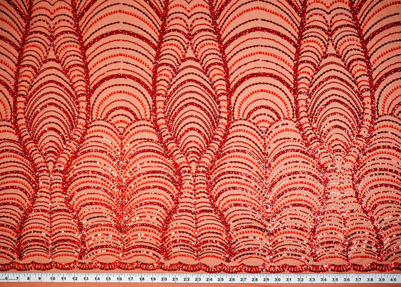 (Pre-Cut 2.8 MTR) Red Imported Net Fabric With All Over Sequins And Bead Work 18423