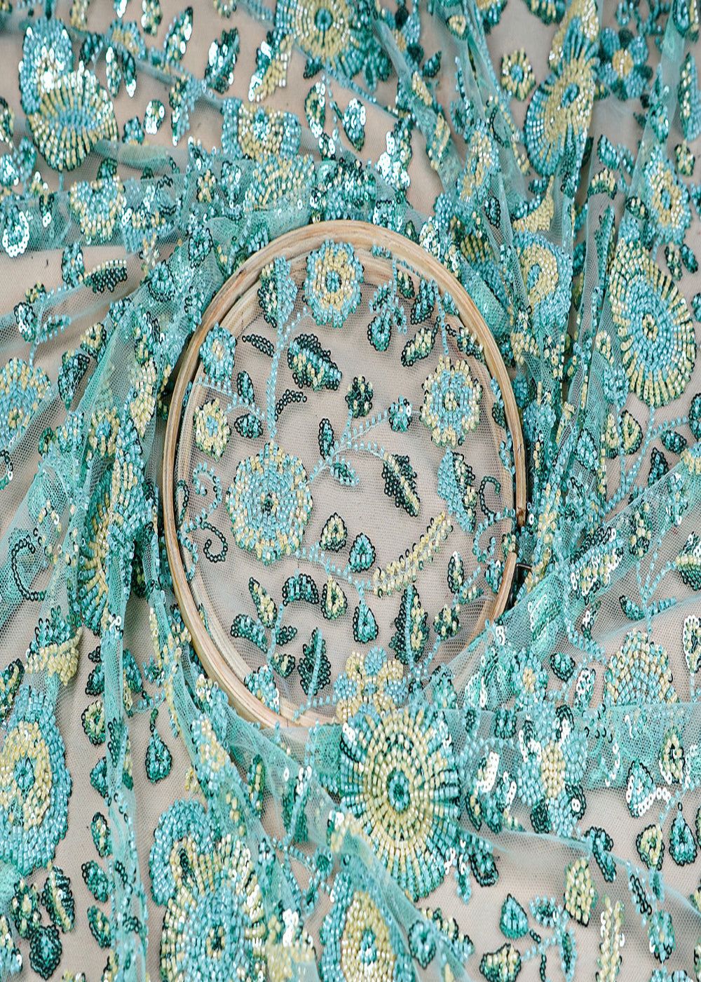 (Pre-Cut-1.3-MTR)-Sea-Green-Imported-Net-Fabric-With-All-Over-Applique-Work-With-Two-Side-Scalloped-Edges-18426
