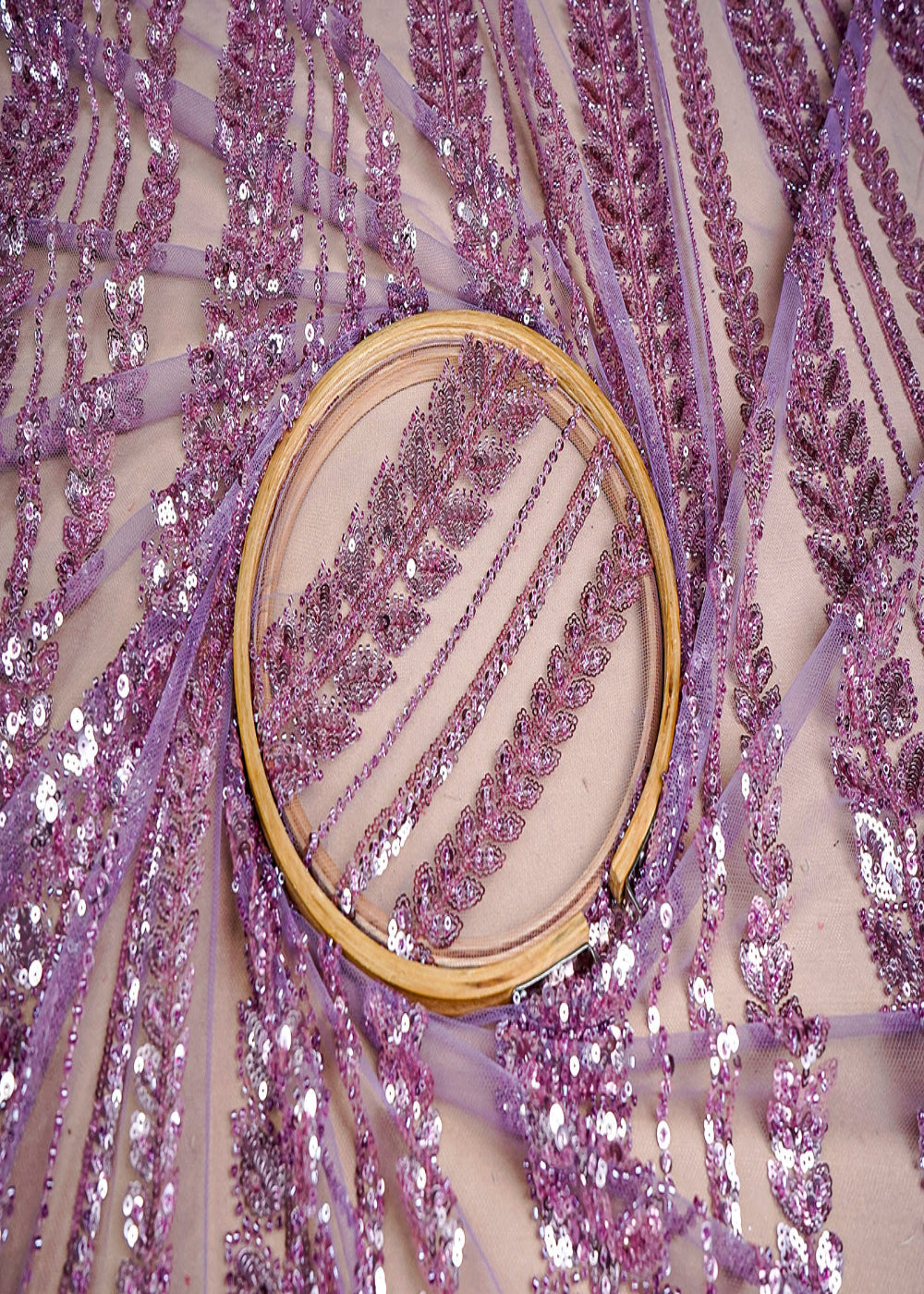 (Pre-Cut-2.3-MTR)-Lavender-Imported-Net-Fabric-With-All-Over-Sequins-And-Bead-Work-18427