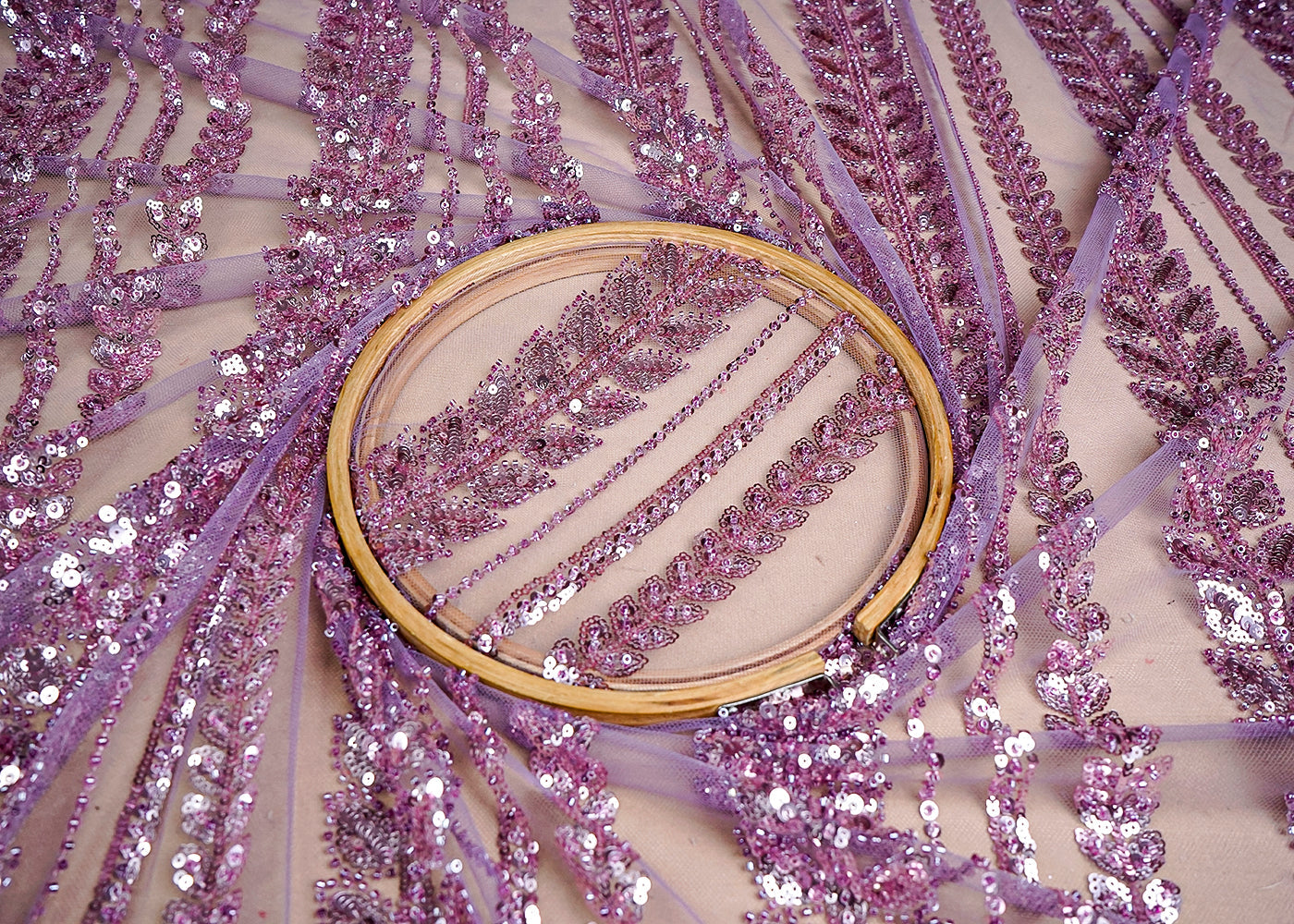 (Pre-Cut 2.3 MTR) Lavender Imported Net Fabric With All Over Sequins And Bead Work 18427