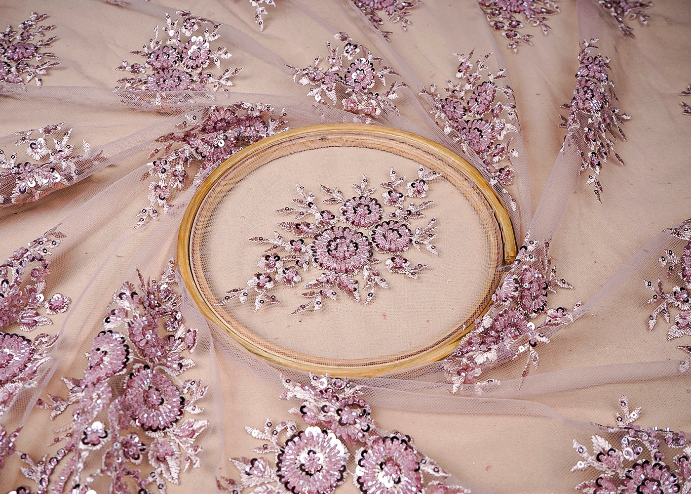 (Pre-Cut 2.3 MTR) Pink Imported Net Fabric With All Over Thread Bead And Sequins Work With Two Side Scalloped Border 18429