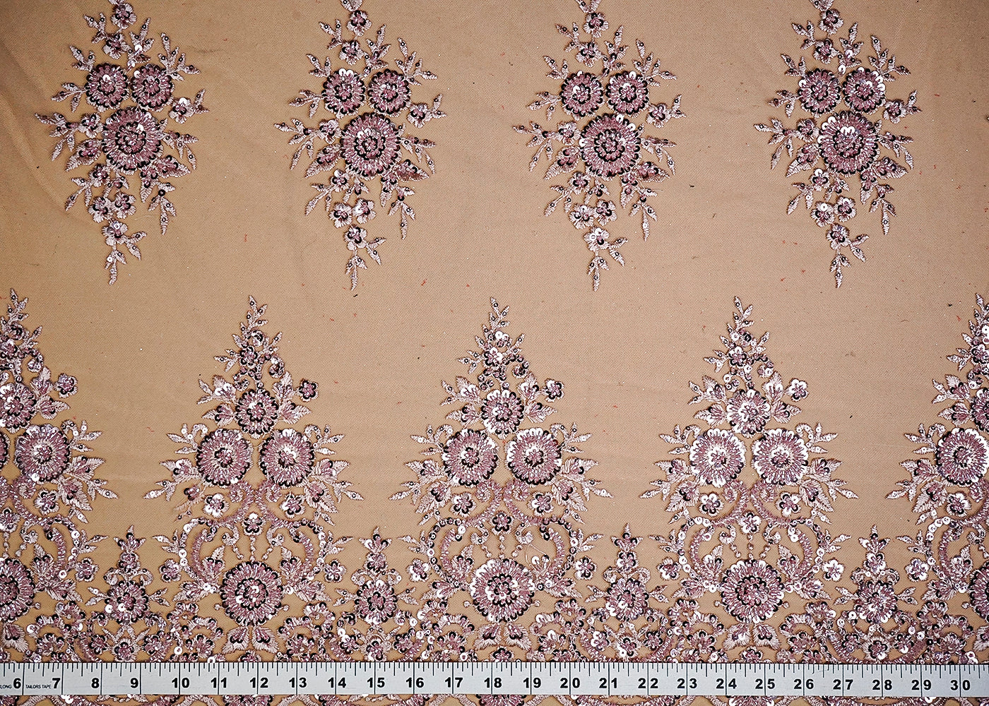 (Pre-Cut 2.3 MTR) Pink Imported Net Fabric With All Over Thread Bead And Sequins Work With Two Side Scalloped Border 18429