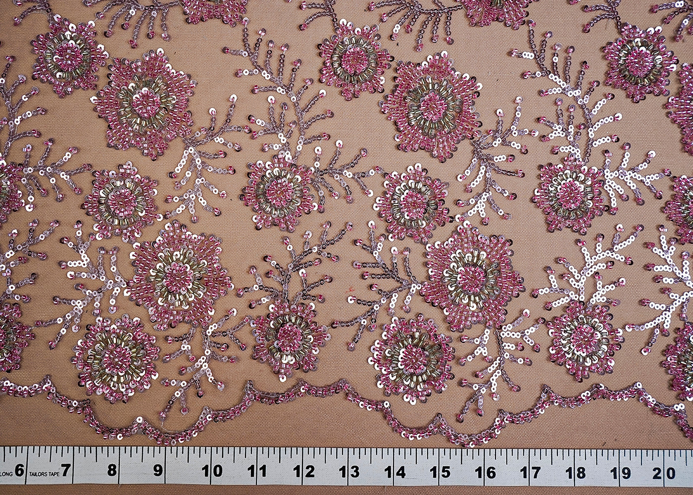 (Pre-Cut 2.1 MTR) Blush Pink Imported Net Fabric With All Over Sequins And Bead Work 18430