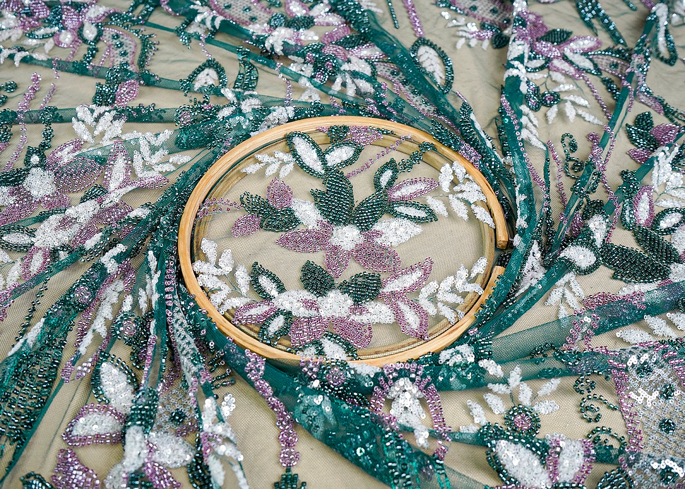 (Pre-Cut 2.3 MTR) Bottle Green Imported Net Fabric With All Over Sequins And Bead Work 18431