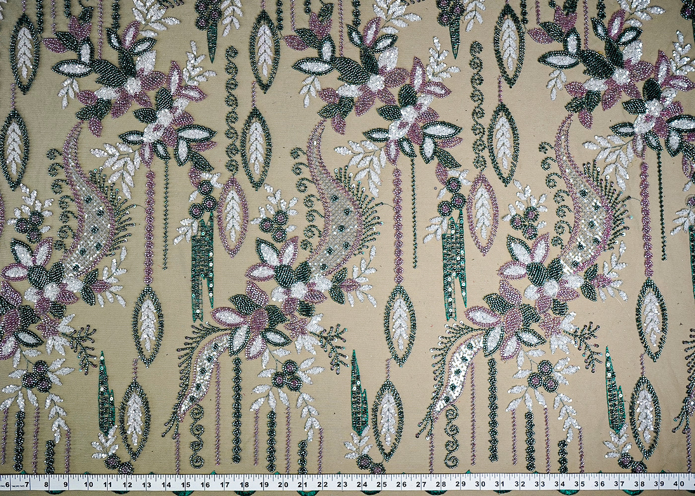 (Pre-Cut 2.3 MTR) Bottle Green Imported Net Fabric With All Over Sequins And Bead Work 18431