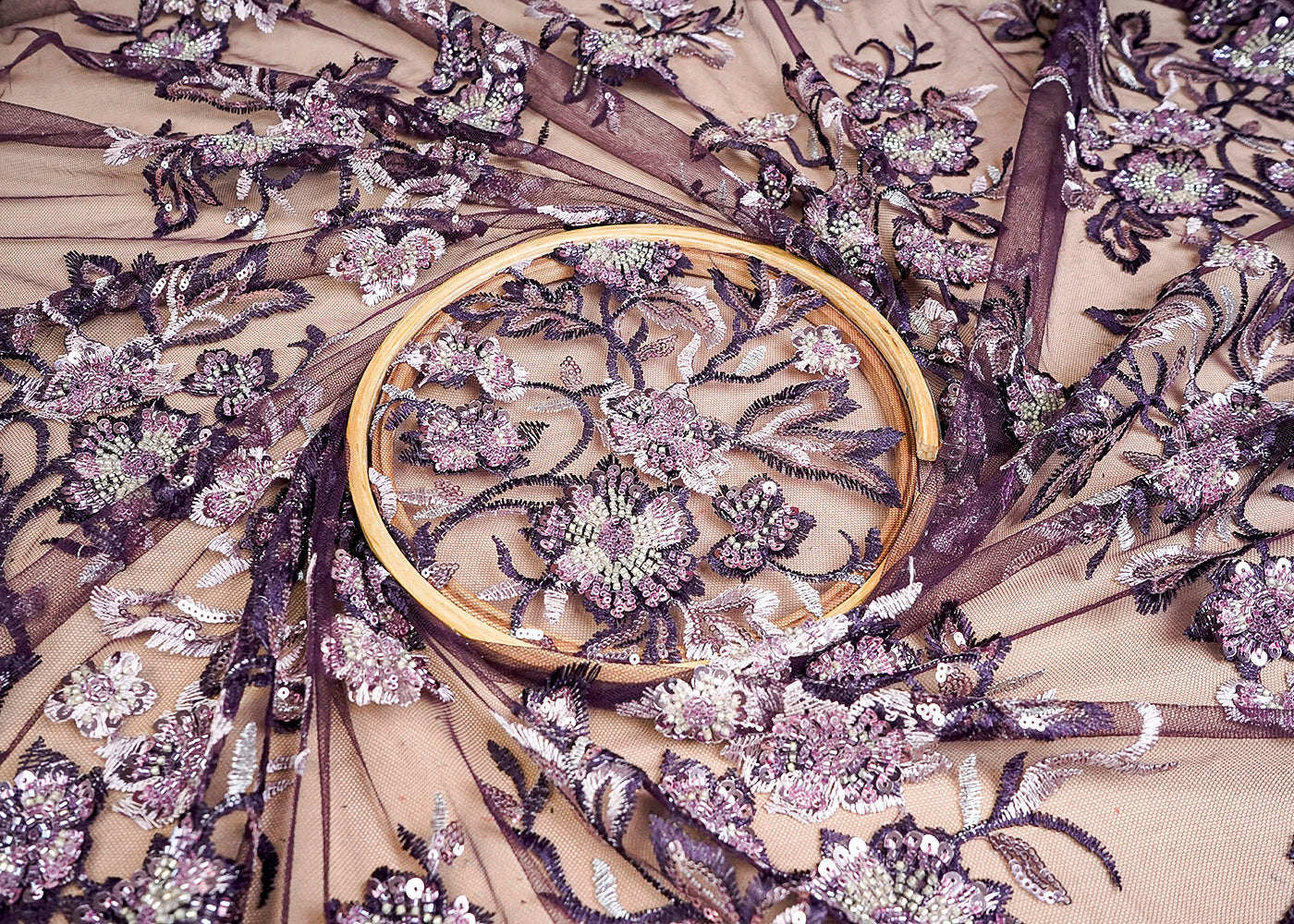 (Pre-Cut 3 MTR) Purple Imported Net Fabric With All Over Thread Sequins And Bead Work 18432