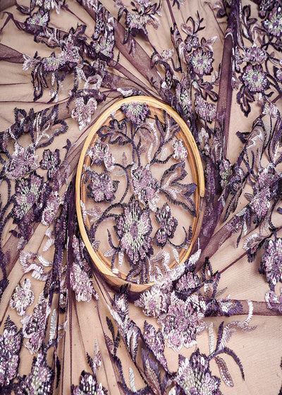 (Pre-Cut 3 MTR) Purple Imported Net Fabric With All Over Thread Sequins And Bead Work 18432