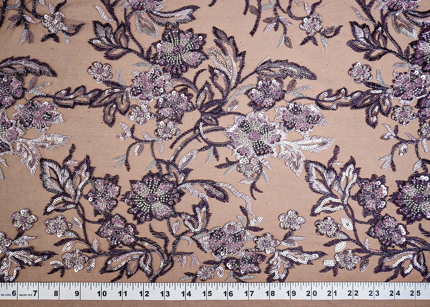 (Pre-Cut 3 MTR) Purple Imported Net Fabric With All Over Thread Sequins And Bead Work 18432