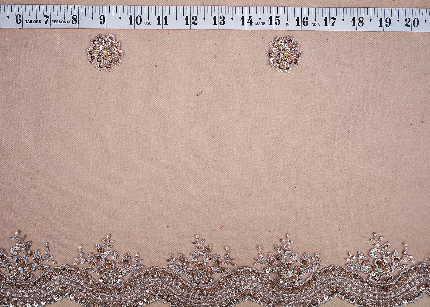 (Pre-Cut 3.65 MTR) Light Pink Imported Net Fabric With All Over Zari, Sequins And Bead Work With Two Side Heavy Scalloped Border 18439