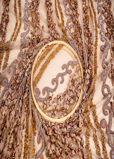 (Pre-Cut 1.7 MTR) Brown Imported Net Fabric With All Over Applique Work 18445