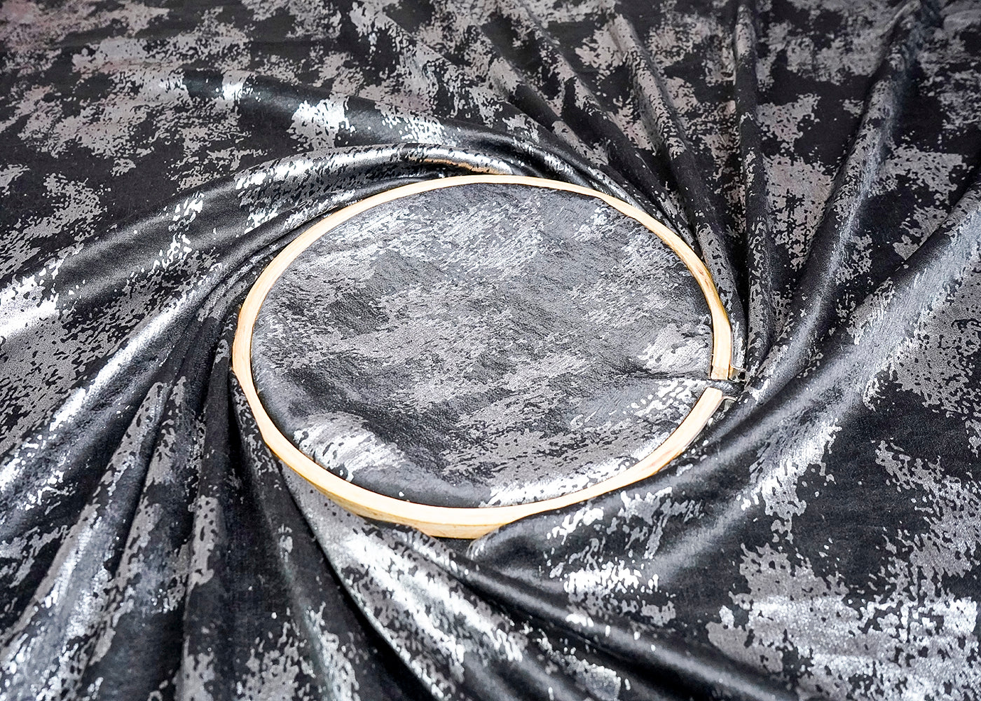 (Pre-Cut 3 MTR) Black Imported Satin Fabric With All Over Foil Work 18450