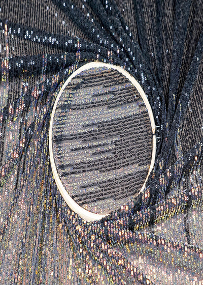 (Pre-Cut 2.8 MTR) Black Lycra Net Fabric With All Over Rainbow Sequins Work 18459