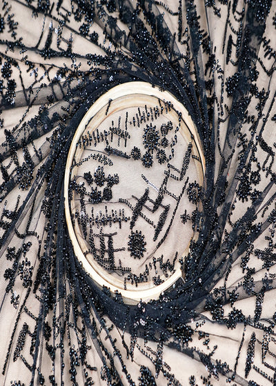 (Pre-Cut 1.65 MTR) Black Imported Net Fabric With All Over Bead And Sequins Work 18465