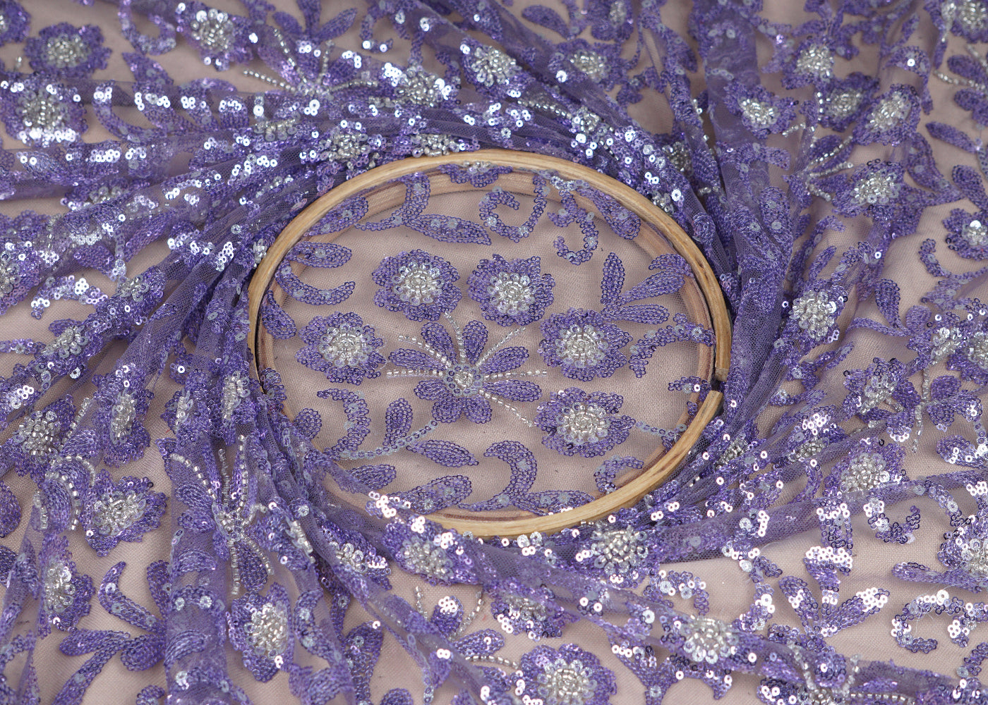 (Pre-Cut 2.1 MTR) Lavender Imported Net Fabric With All Over Sequins And Bead Work 18480