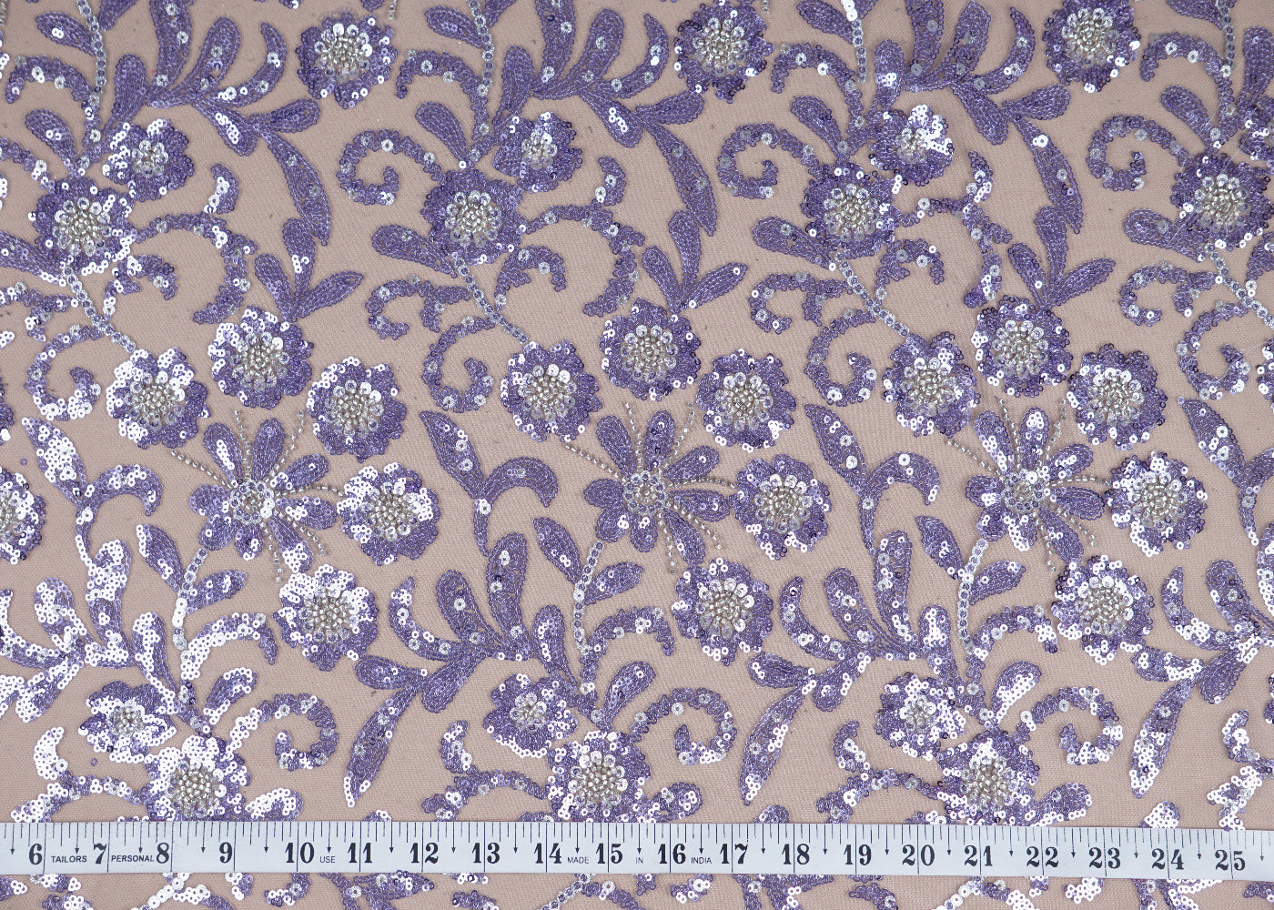 (Pre-Cut 2.1 MTR) Lavender Imported Net Fabric With All Over Sequins And Bead Work 18480
