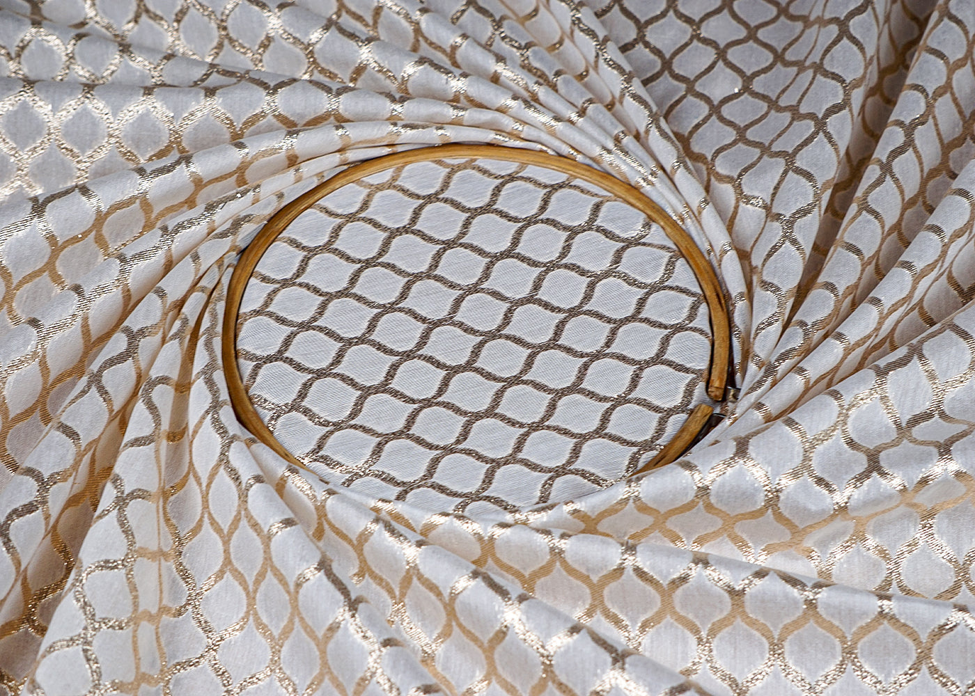 (Pre-Cut 2.7 MTR) Off White Chanderi Fabric With All Over Golden Zari Handloom 18488