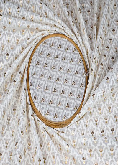 (Pre-Cut 2.1 MTR) White Chanderi Fabric With All Over Golden Zari And Thread Handloom 18495