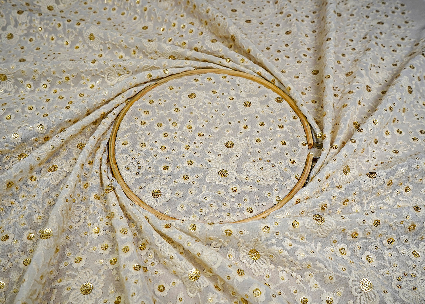 (Pre-Cut 0.75 MTR) White Georgette Fabric With All Over Thread And Sequins Work 18513