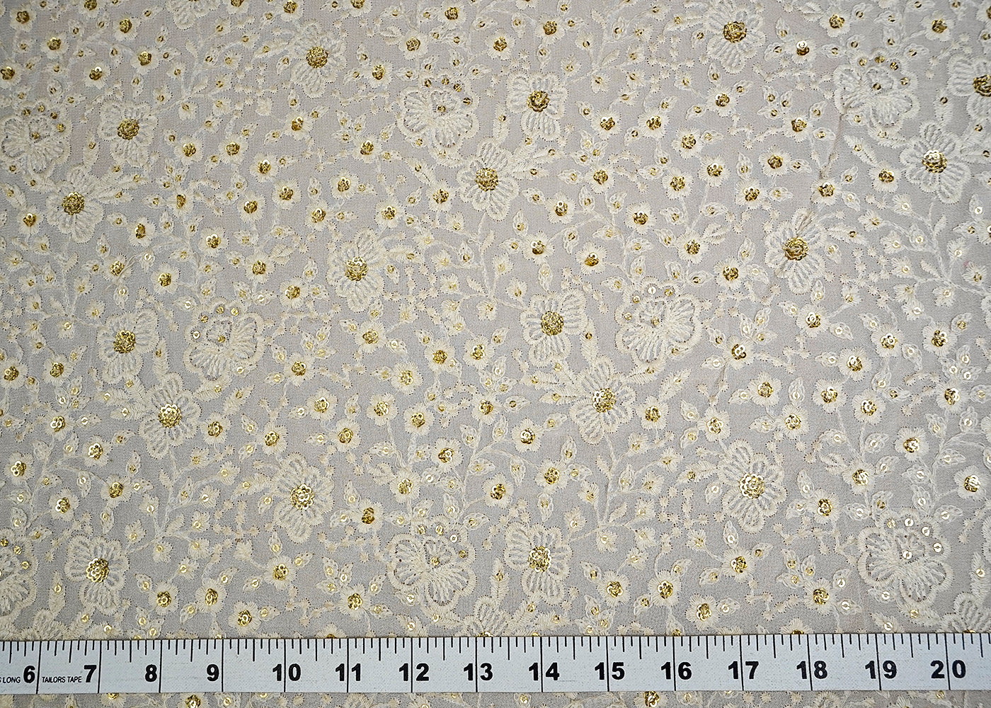 (Pre-Cut 0.75 MTR) White Georgette Fabric With All Over Thread And Sequins Work 18513