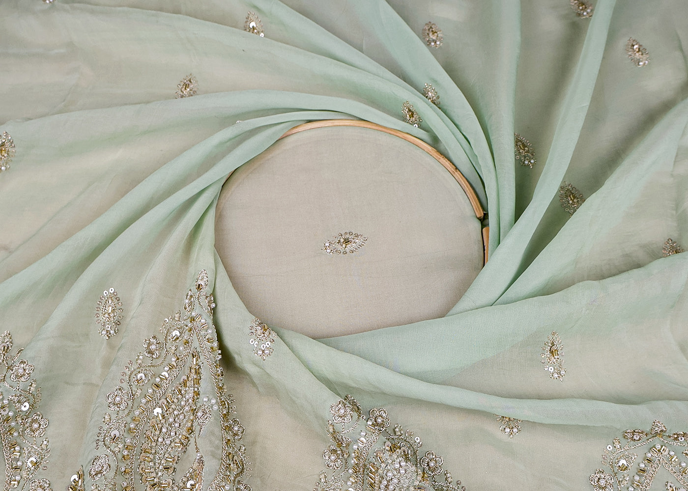 (Pre-Cut 1 MTR) Sea Green Organza Fabric With All Over Zari, Sequins, Katdana And Beadwork With One Side Border 18522