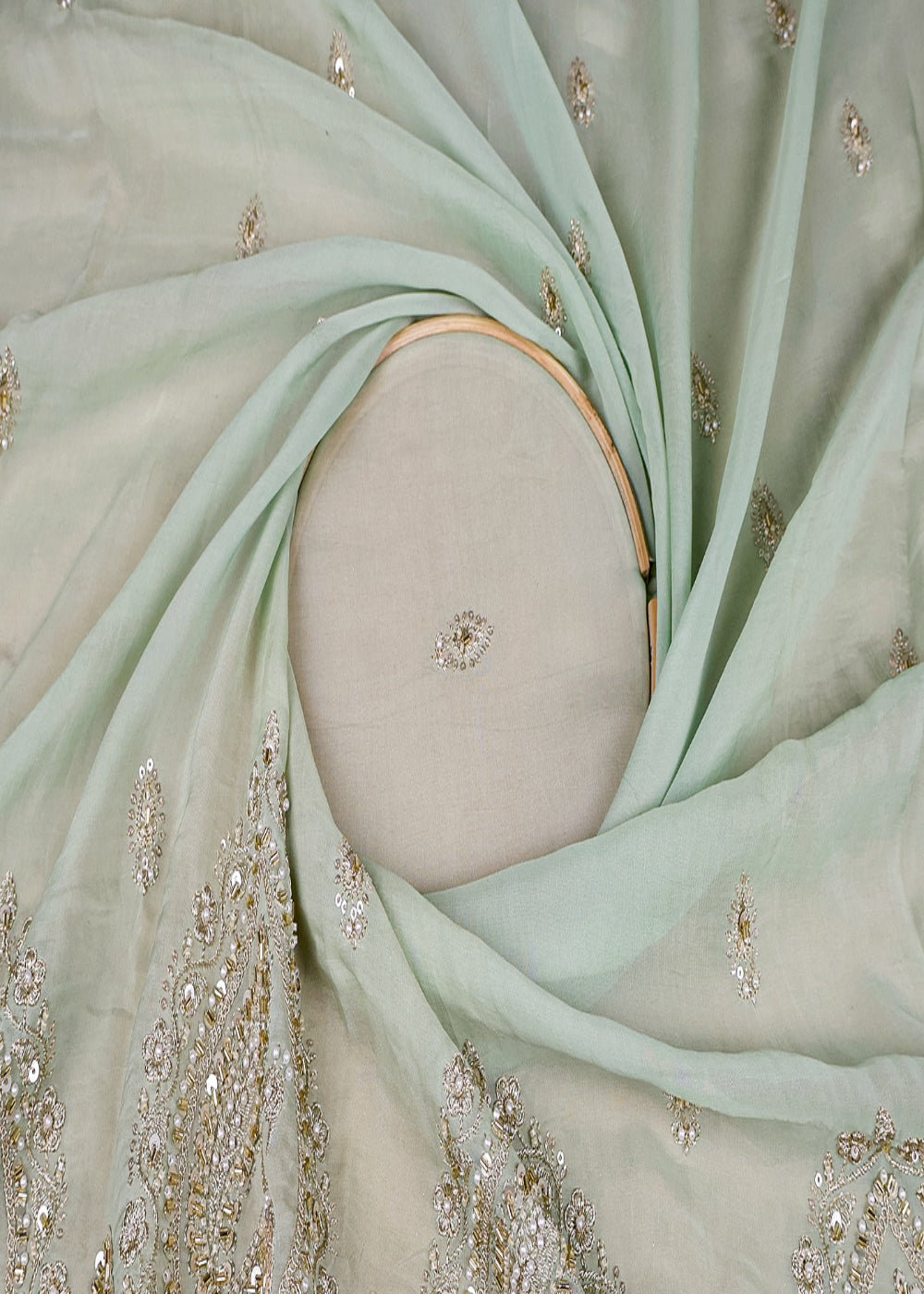 (Pre-Cut-1-MTR)-Sea-Green-Organza-Fabric-With-All-Over-Zari,-Sequins,-Katdana-And-Beadwork-With-One-Side-Border-18522