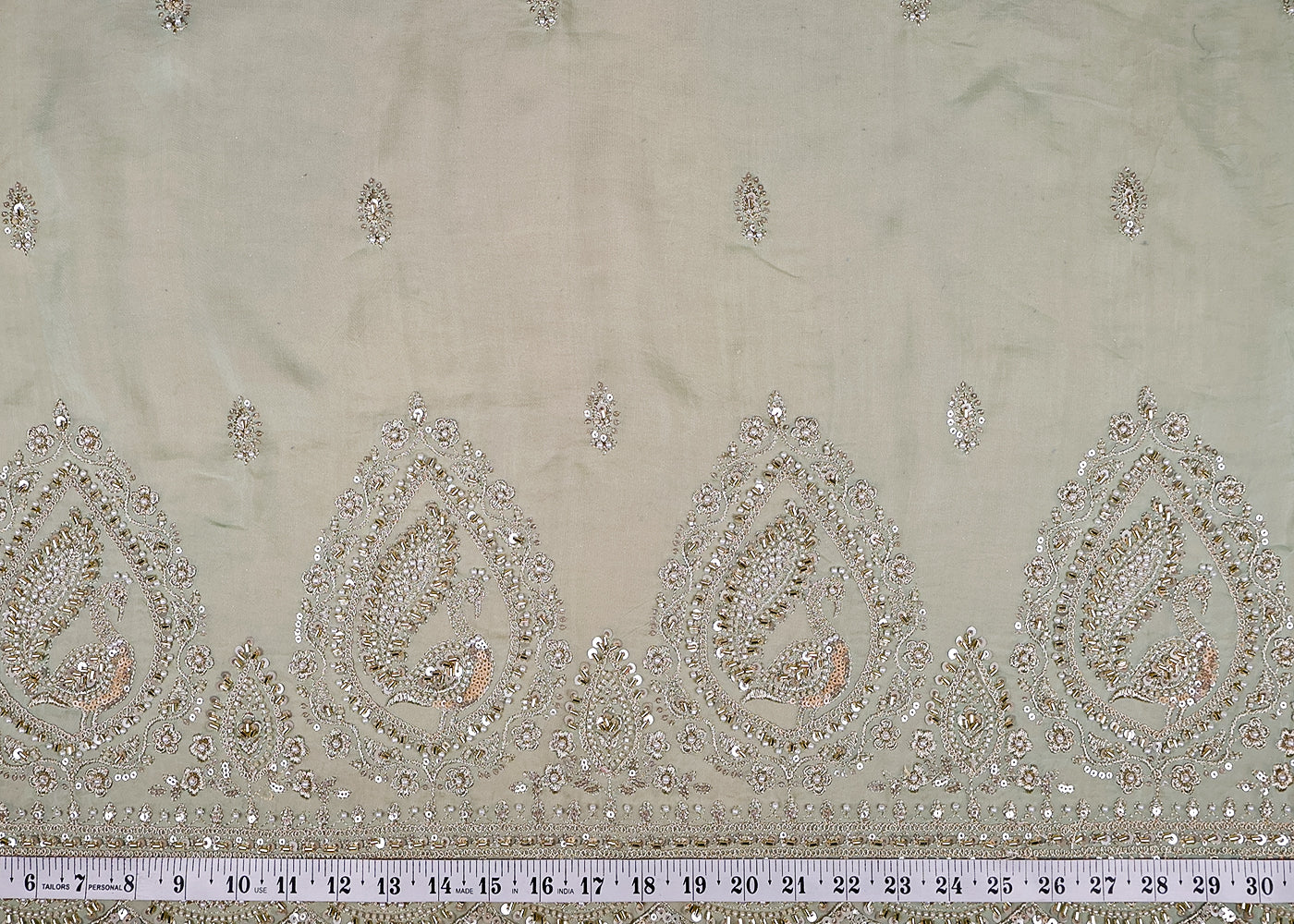 (Pre-Cut 1 MTR) Sea Green Organza Fabric With All Over Zari, Sequins, Katdana And Beadwork With One Side Border 18522