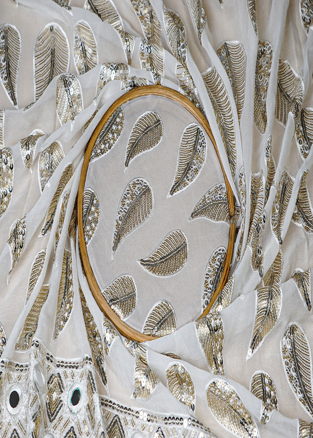 (Pre-Cut-2.5-MTR)-White-Georgette-Fabric-With-All-Over-Thread-Sequins-And-Faux-Mirror-Work-18534