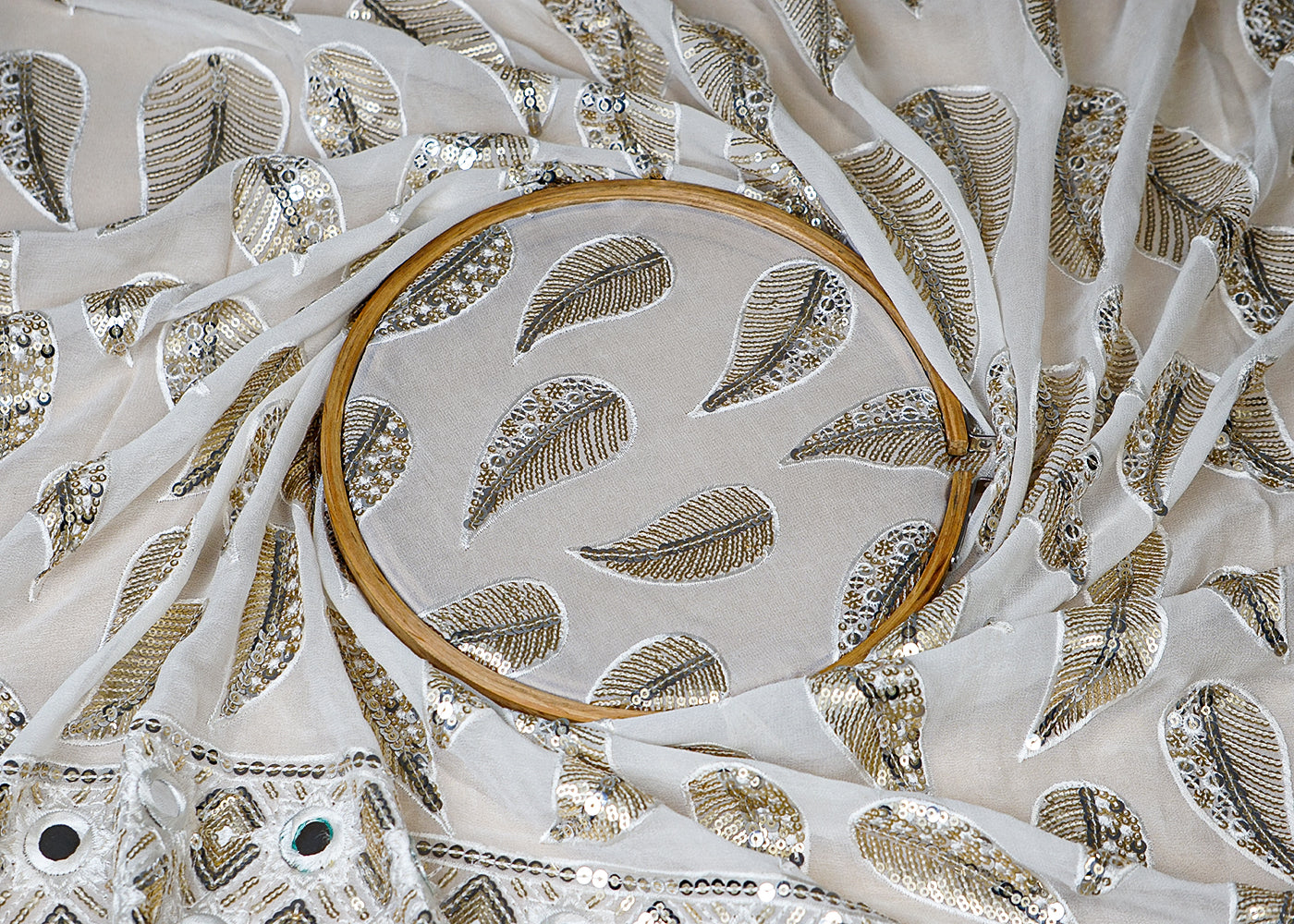 (Pre-Cut 2.5 MTR) White Georgette Fabric With All Over Thread, Sequins And Faux Mirror Work 18534