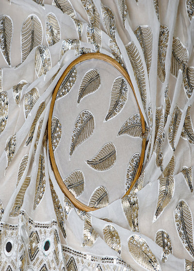(Pre-Cut 2.5 MTR) White Georgette Fabric With All Over Thread, Sequins And Faux Mirror Work 18534