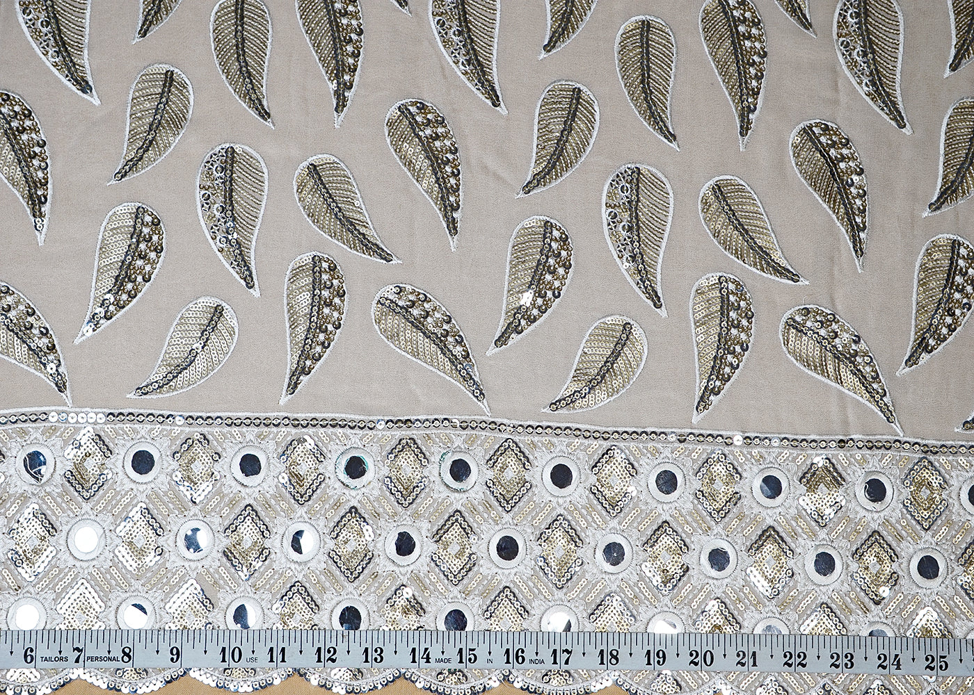 (Pre-Cut 2.5 MTR) White Georgette Fabric With All Over Thread, Sequins And Faux Mirror Work 18534