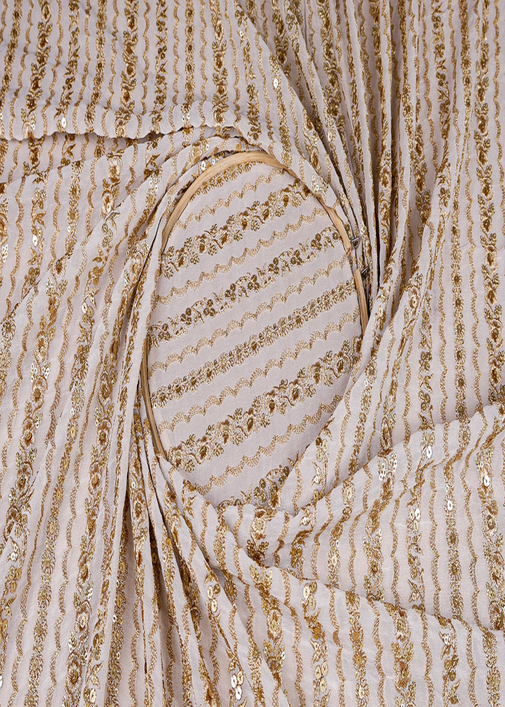 (Pre-Cut-1.7-MTR)-White-Georgette-Fabric-With-All-Over-Stripes-Of-Zari-And-Sequins-Work-18536