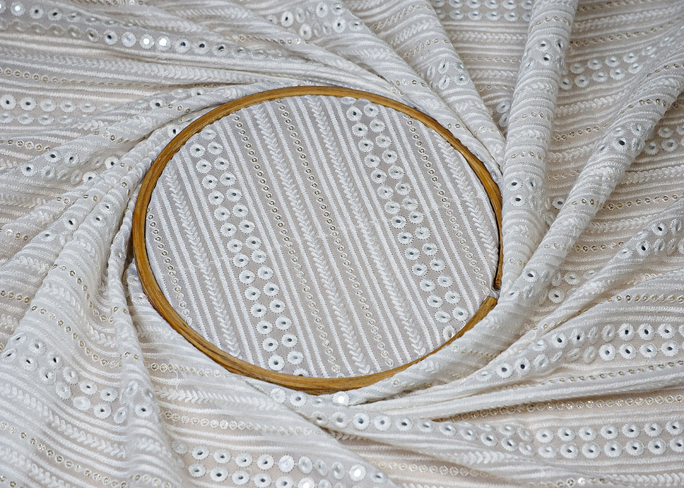 (Pre-Cut 1.8 MTR) White Georgette Fabric With All Over Thread Sequins And Faux Mirror 18538