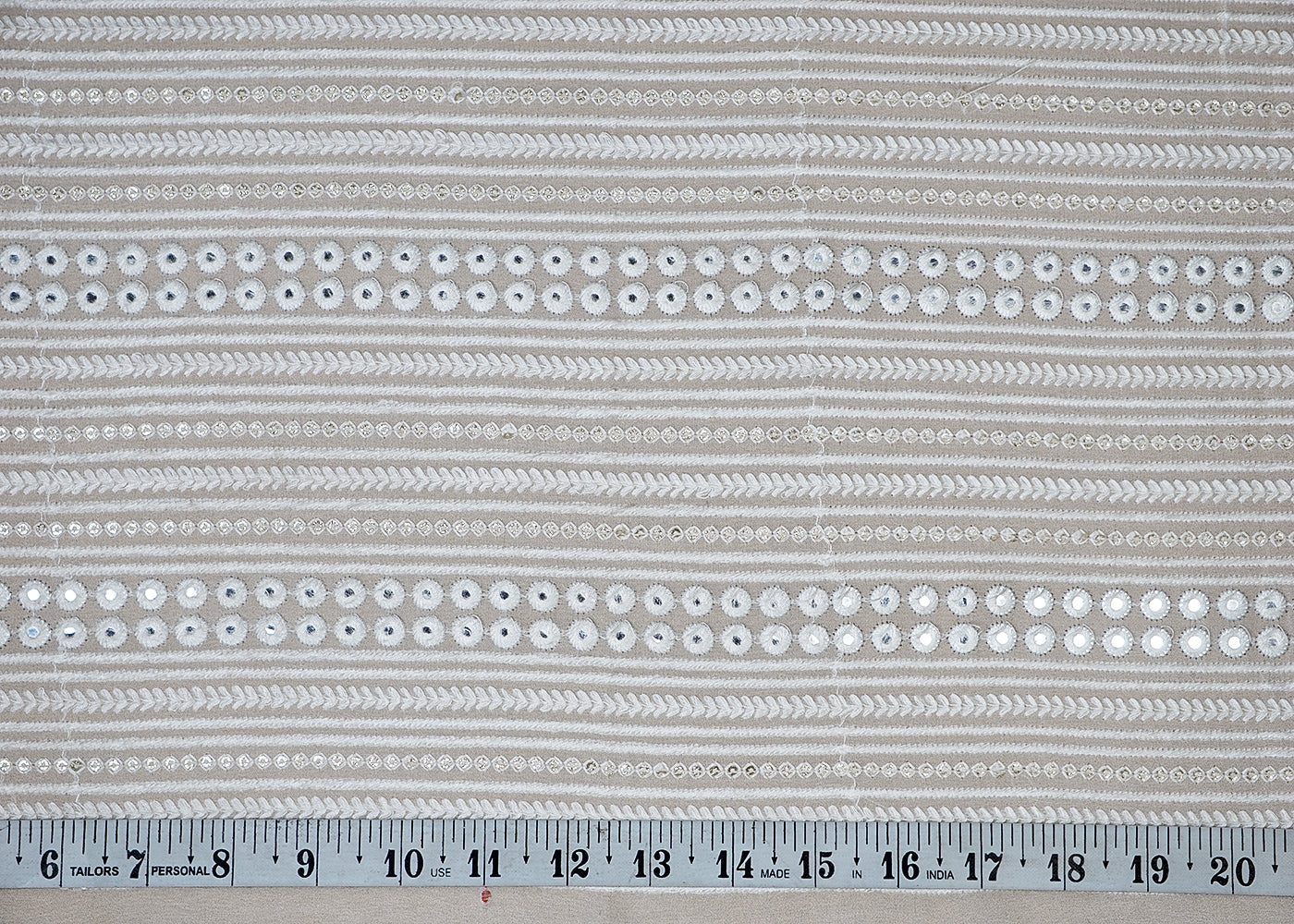 (Pre-Cut 1.8 MTR) White Georgette Fabric With All Over Thread Sequins And Faux Mirror 18538