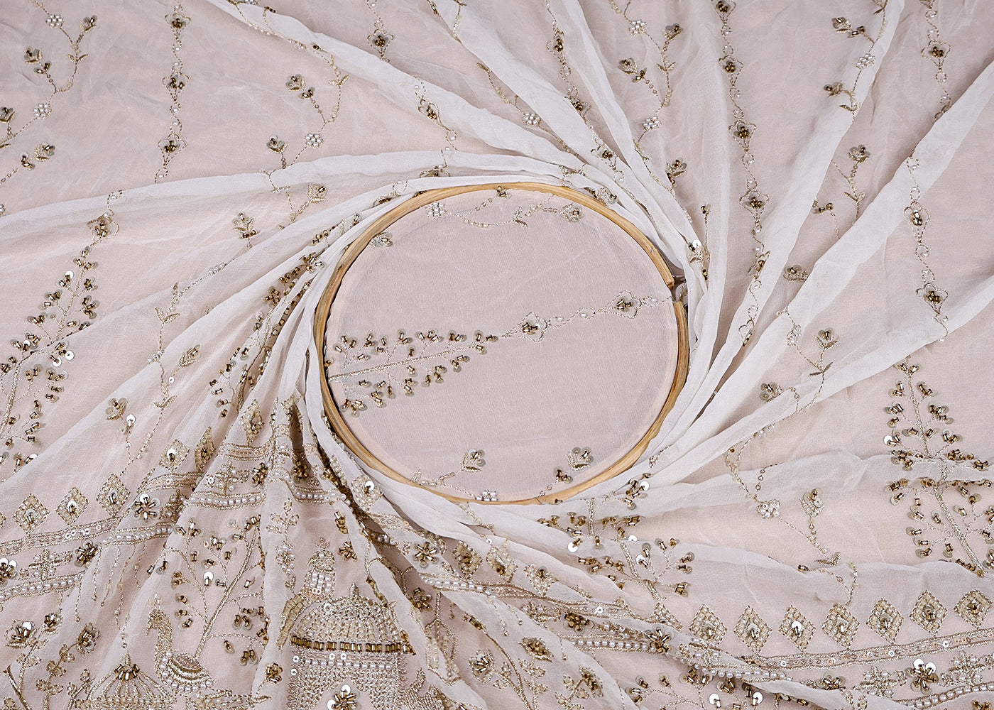 (Pre-Cut 2.3 MTR) White Georgette Fabric With All Over Zari, Sequins Work With One Side Heavy Border 18540