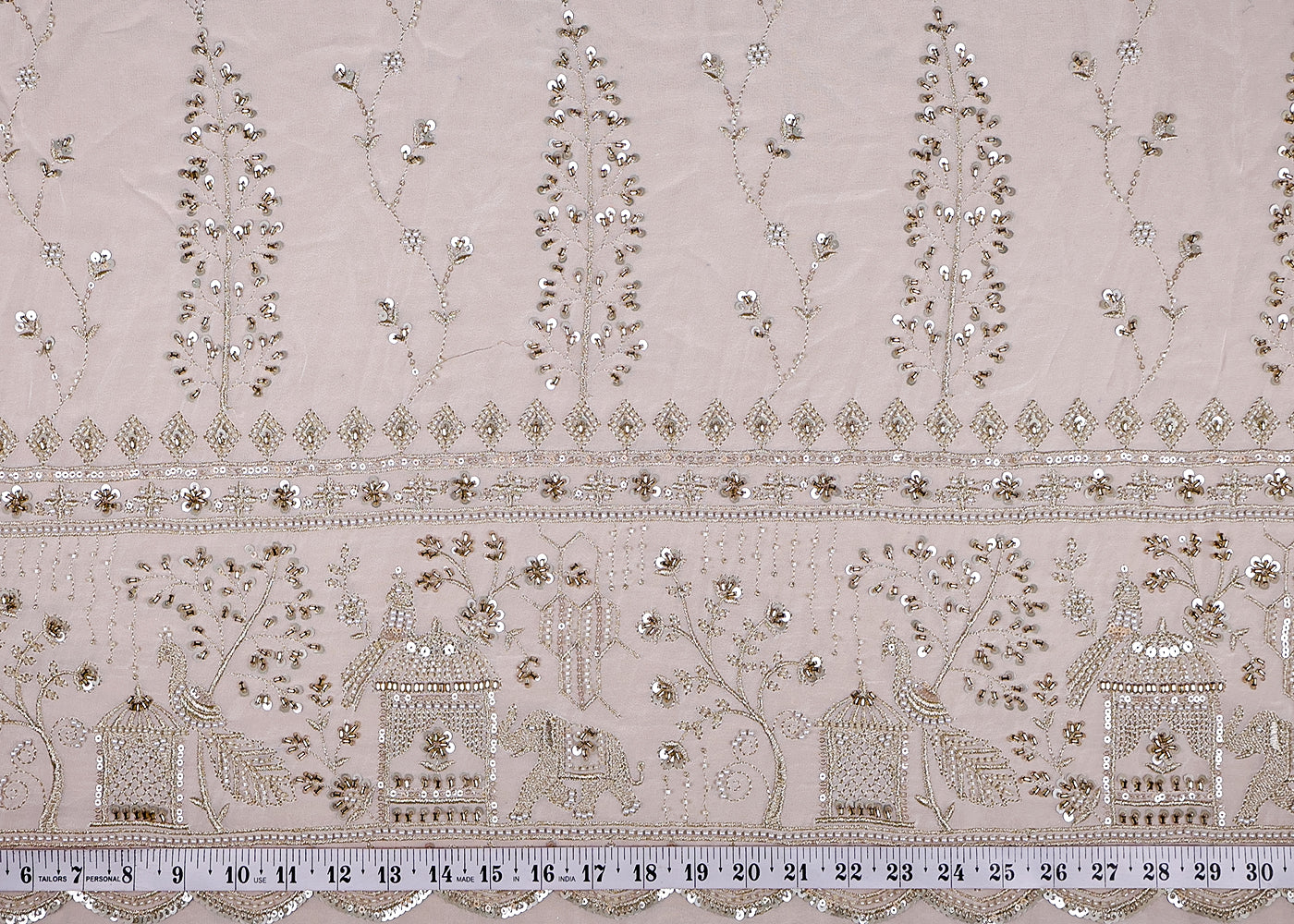 (Pre-Cut 2.3 MTR) White Georgette Fabric With All Over Zari, Sequins Work With One Side Heavy Border 18540