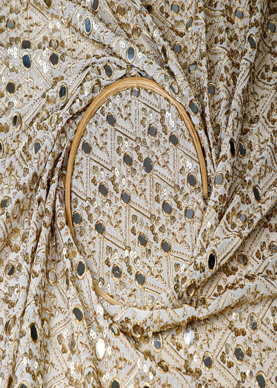 (Pre-Cut 1.8 MTR) White Georgette Fabric With All Over Sequins Zari And Faux Mirror Work 18543