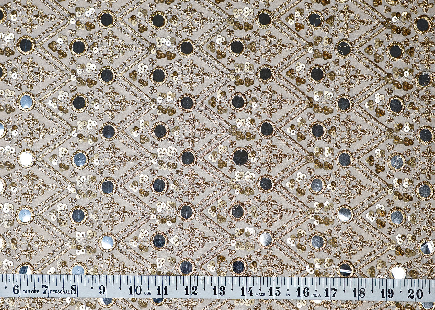 (Pre-Cut 1.8 MTR) White Georgette Fabric With All Over Sequins Zari And Faux Mirror Work 18543