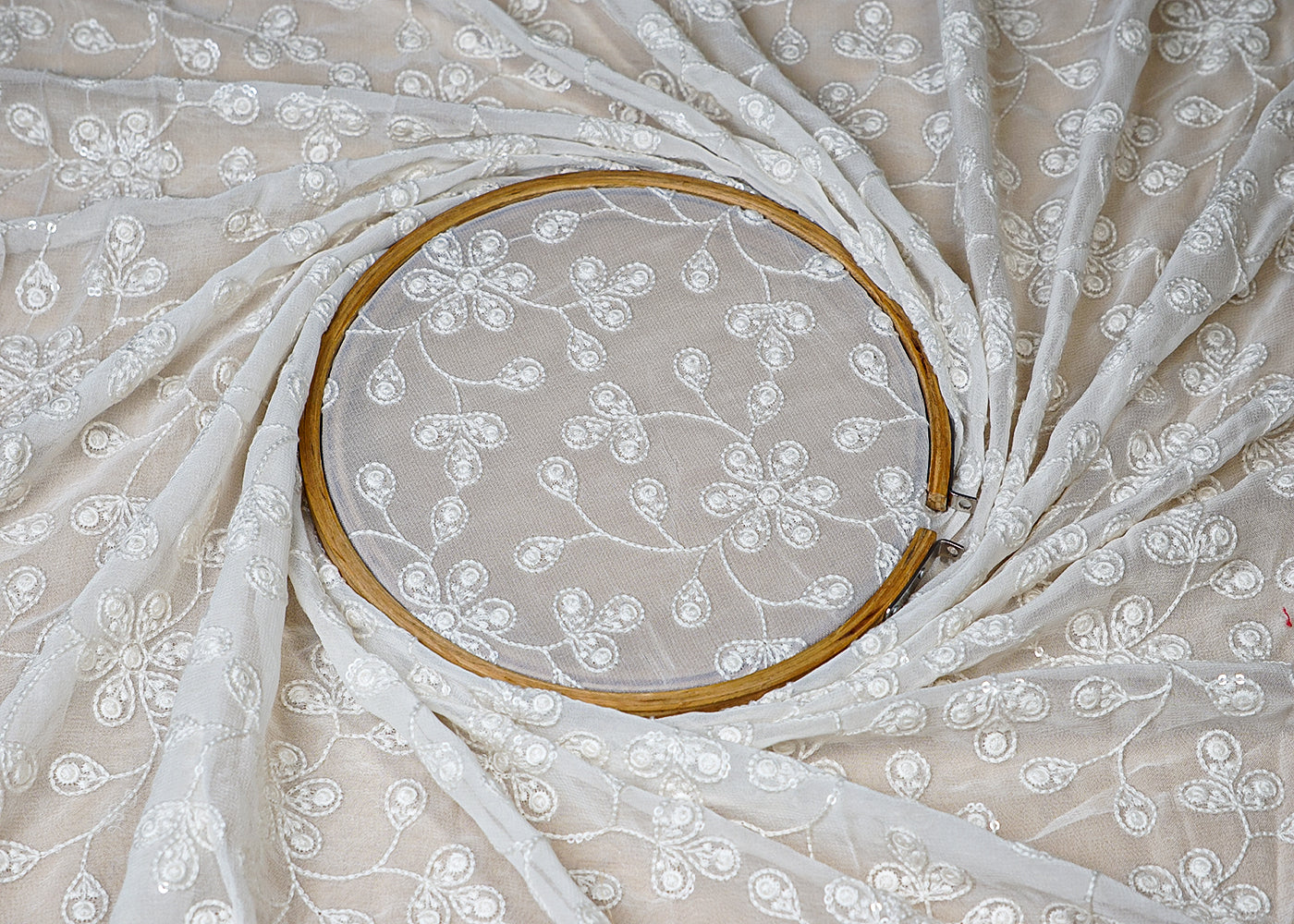 (Pre-Cut 2 MTR) White Georgette Fabric With All Over Thread And Sequins Work 18549