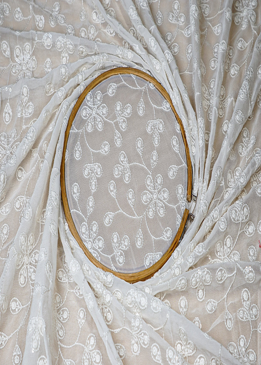 (Pre-Cut-2-MTR)-White-Georgette-Fabric-With-All-Over-Thread-And-Sequins-Work-18549