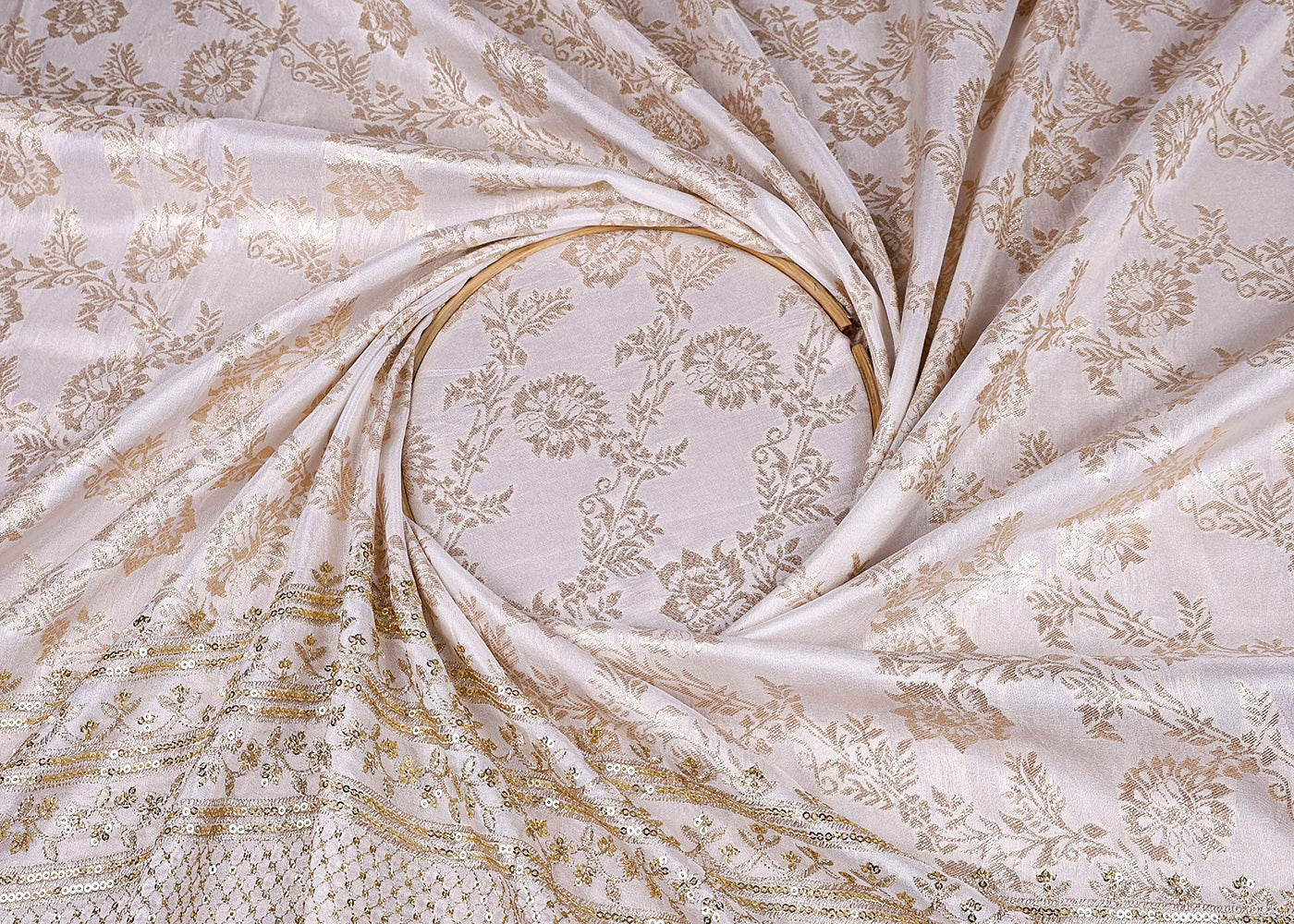(Pre-Cut 2.1 MTR) White Upada Silk Fabric With All Over Golden Zari Handloom And One Side Heavy Border 18550