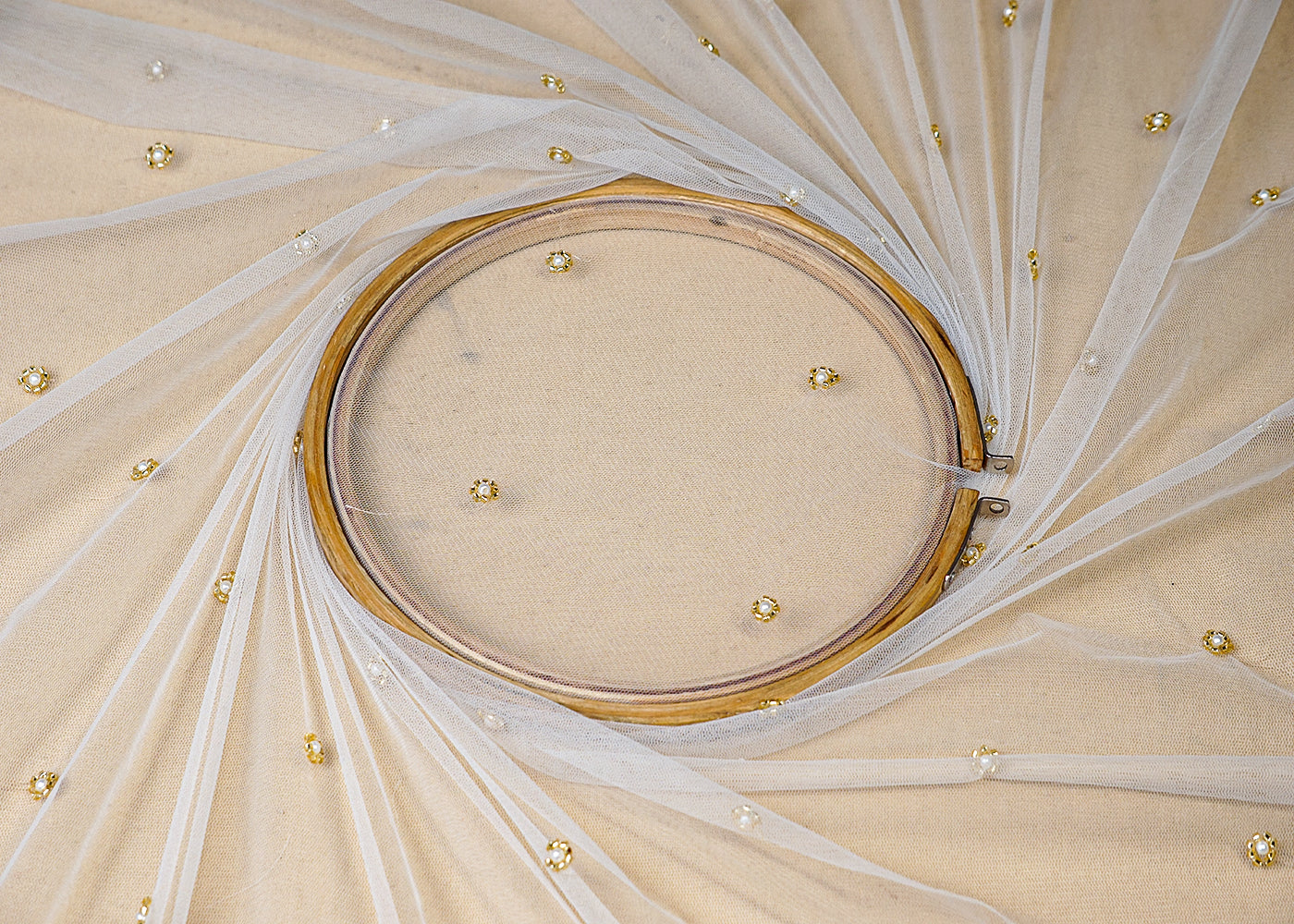 (Pre-Cut 2.3 MTR) White Net Fabric With All Over Bead Work 18551