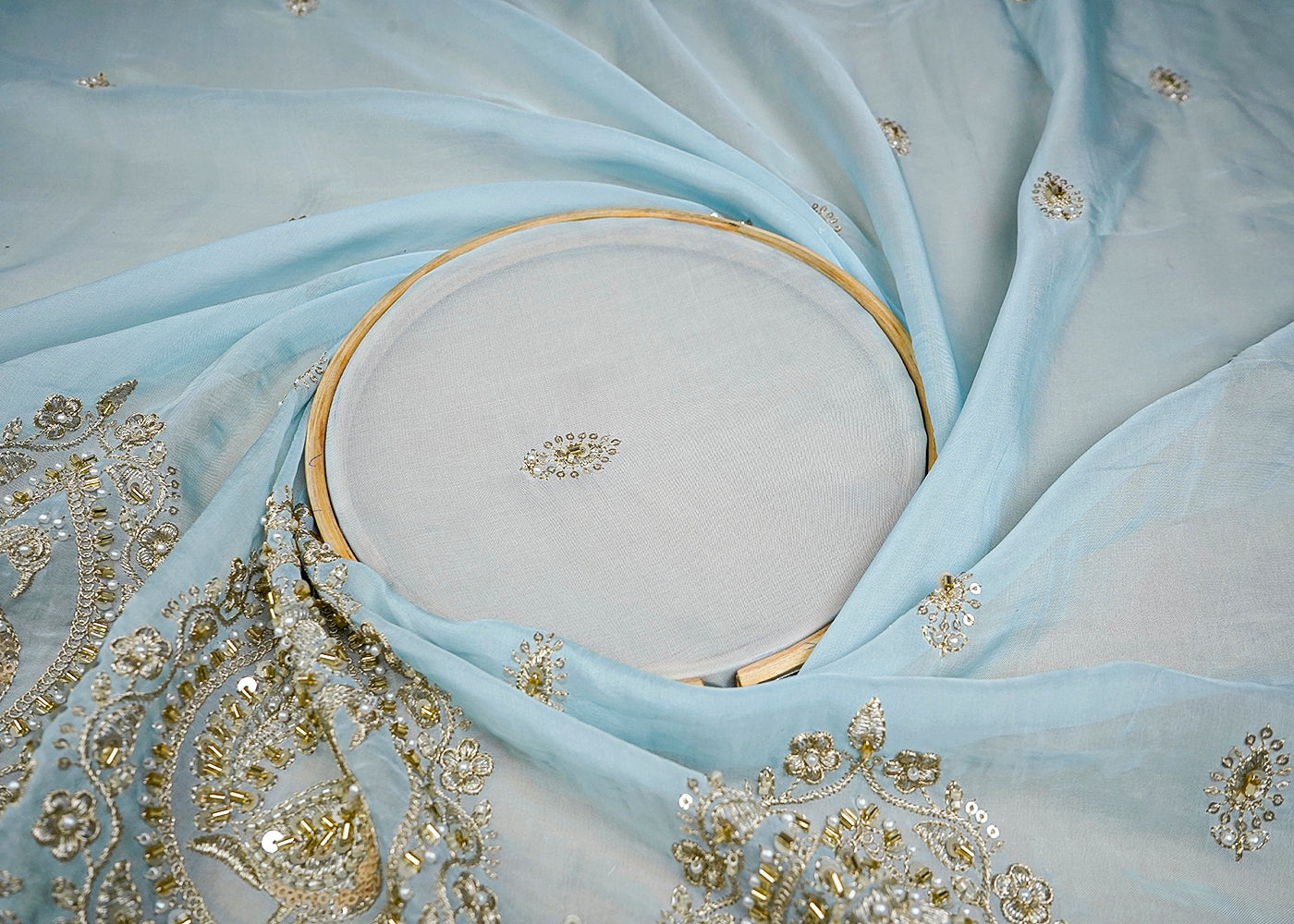 (Pre-Cut 1 MTR) Ice Blue Organza Fabric With All Over Zari, Sequins, Katdana And Beadwork With One Side Border 18558