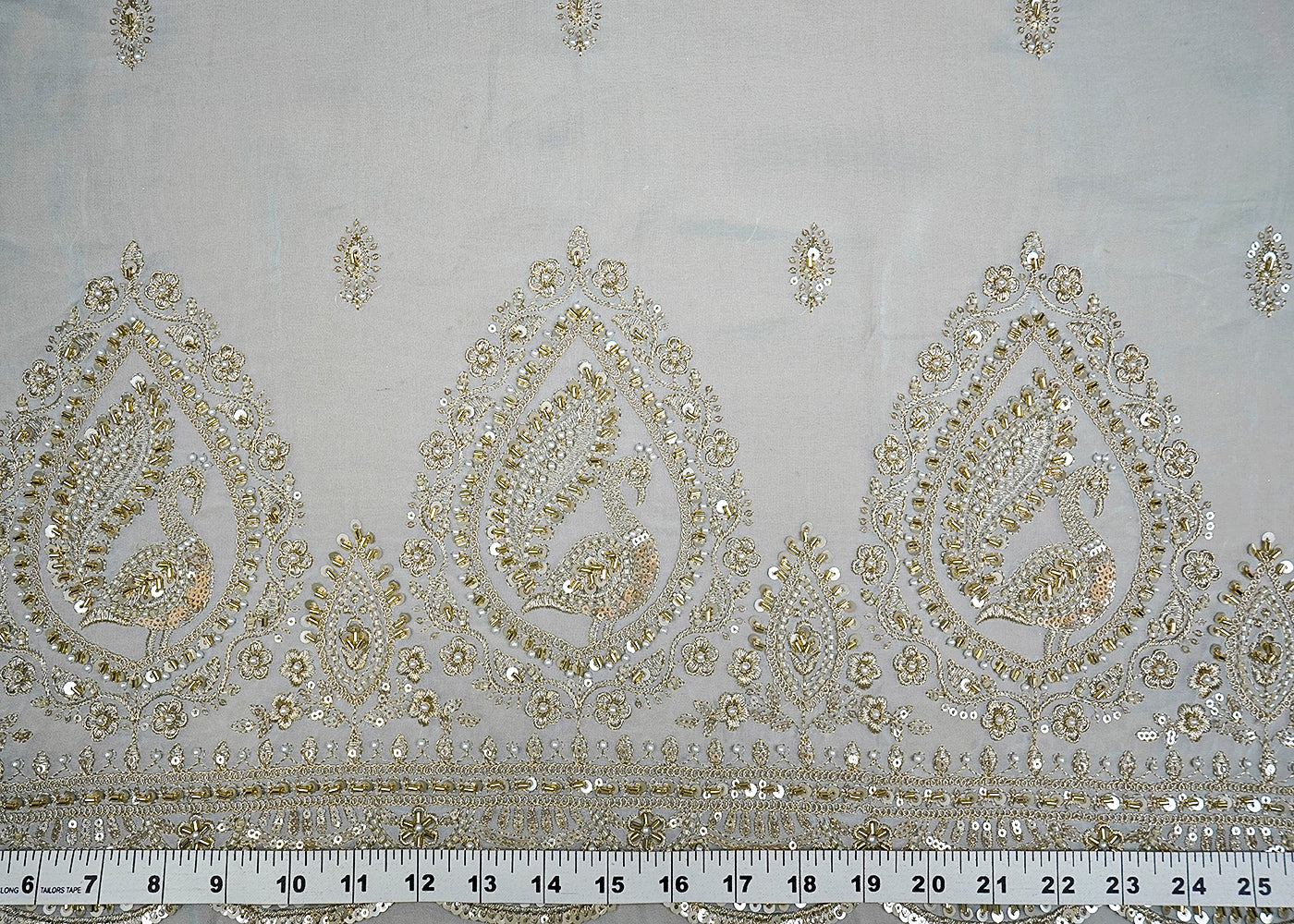 (Pre-Cut 1 MTR) Ice Blue Organza Fabric With All Over Zari, Sequins, Katdana And Beadwork With One Side Border 18558