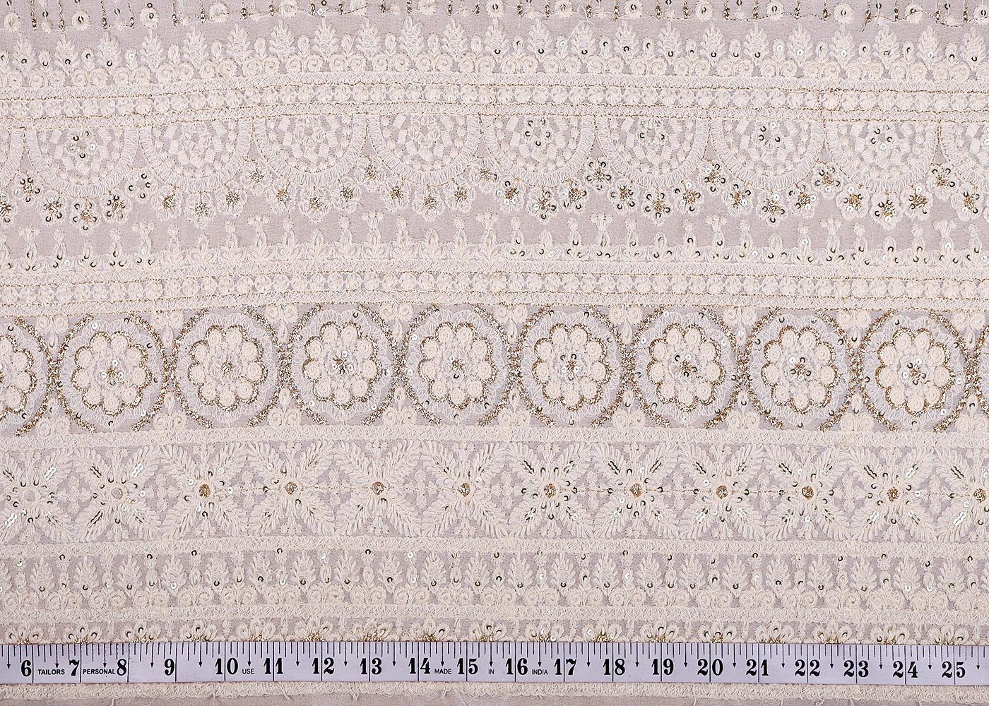 (Pre-Cut 1.6 MTR) White Georgette Fabric With All Over Thread And Sequins Work With One Side Border 18559