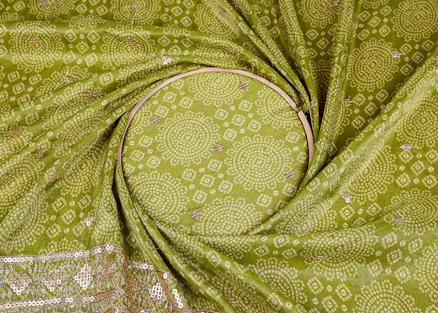 (Pre-Cut 0.8 MTR) Green Tissue Fabric With All Over Bandhani Print And Sequins Buti With One Side Heavy Border 18563