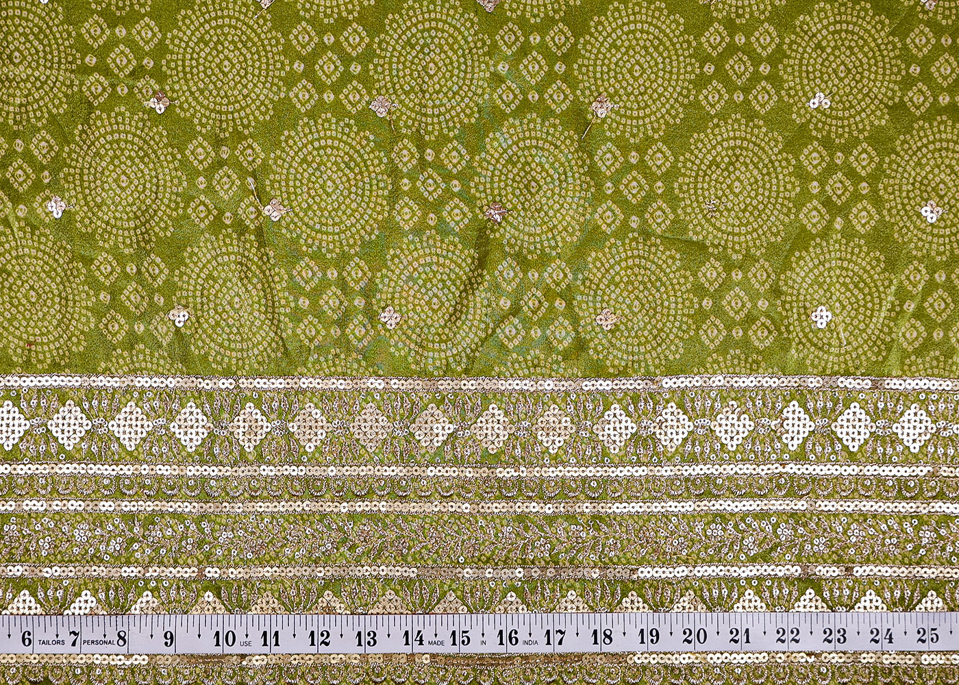 (Pre-Cut 0.8 MTR) Green Tissue Fabric With All Over Bandhani Print And Sequins Buti With One Side Heavy Border 18563