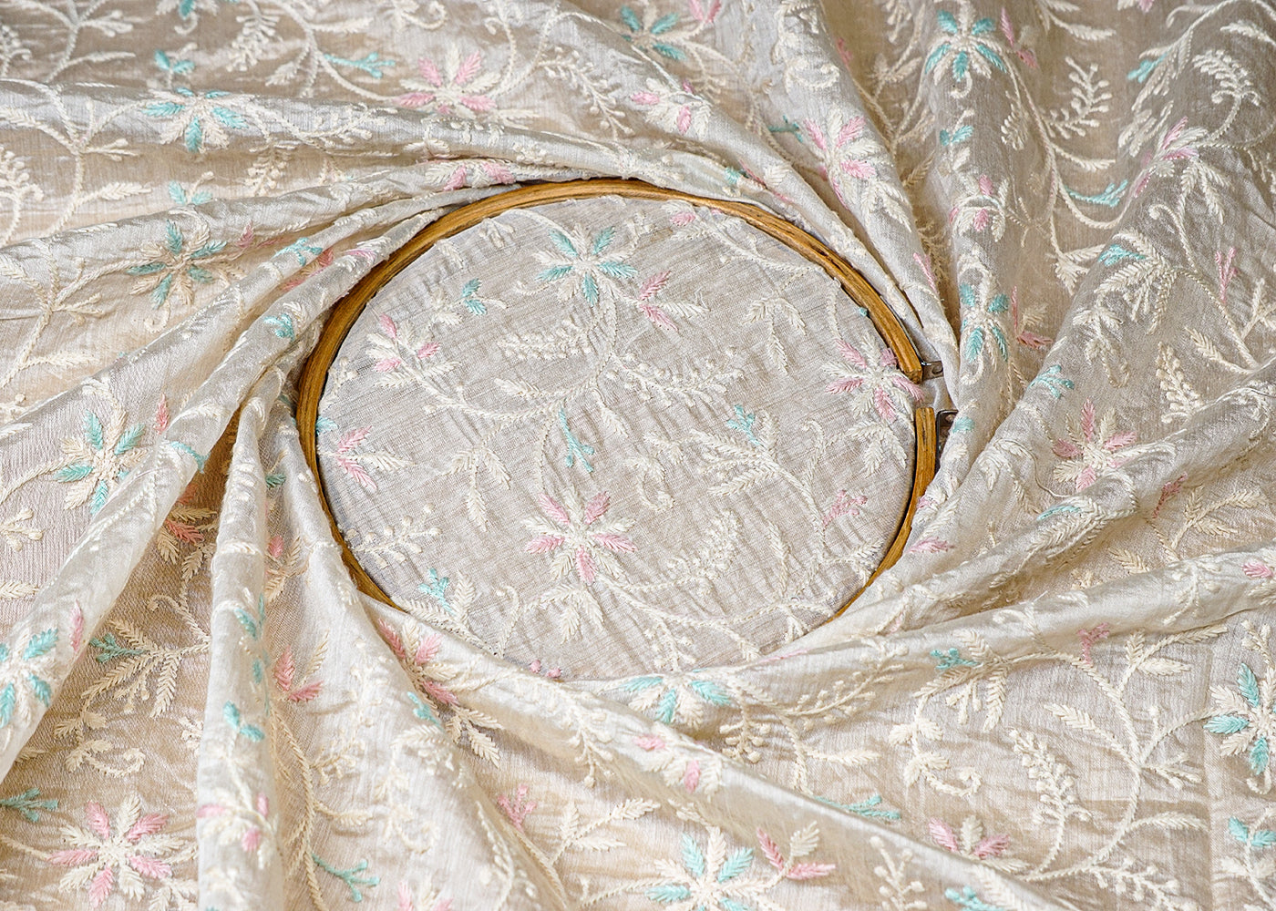 (Pre-Cut 1.25 MTR) Off White Chanderi Fabric With All Over Thread Work 18565